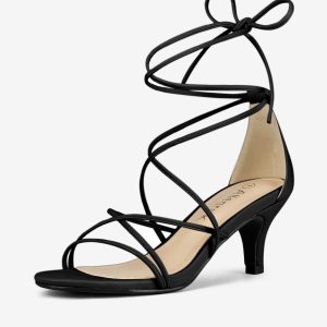Synthetic Leather Strappy Kitten Heel Lace Up Sandals Black/7.5 - Allegra K catalog
