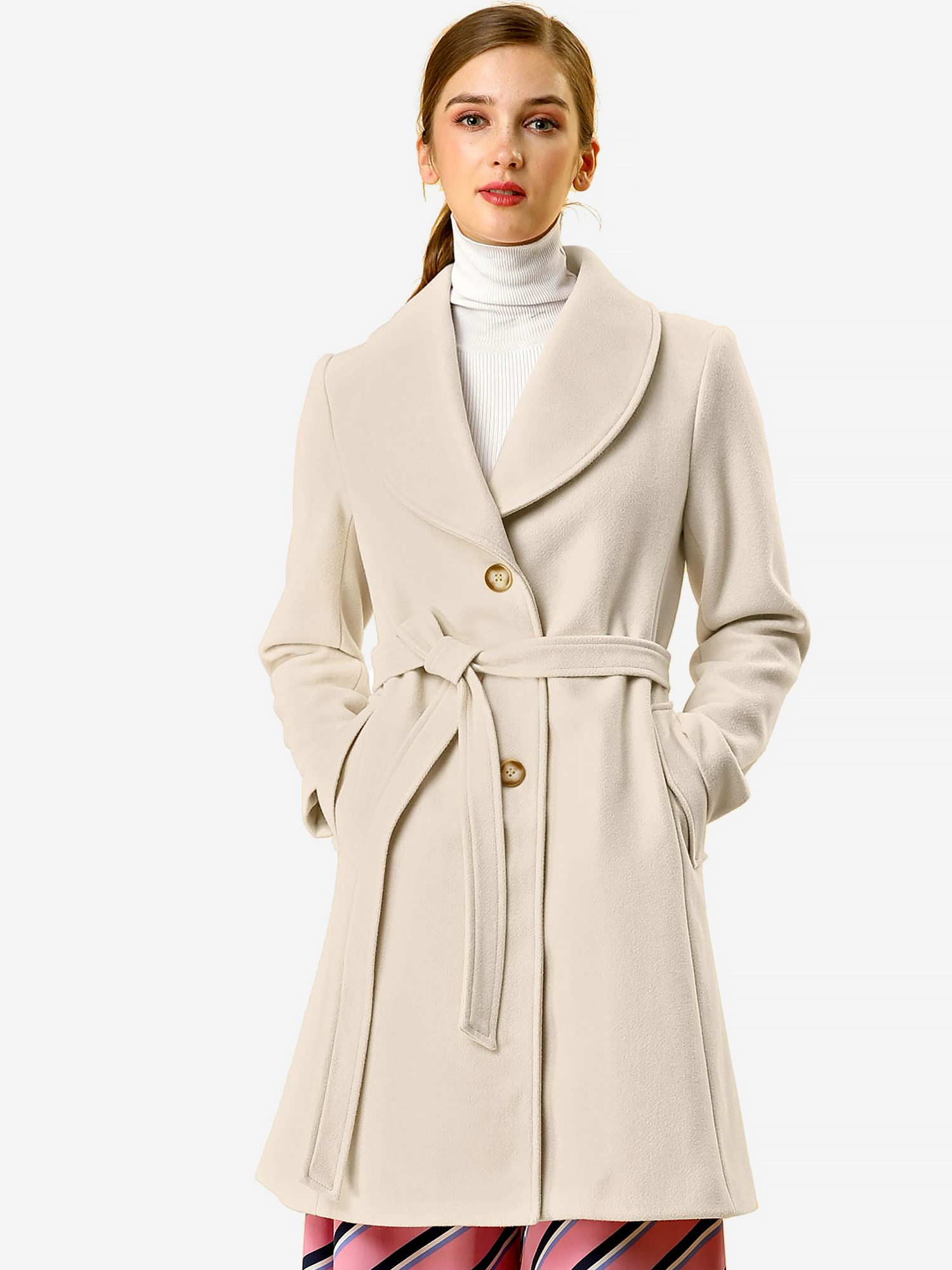 Shawl Collar Single Breasted Winter Long Belted Coat Beige/M - Allegra K catalog