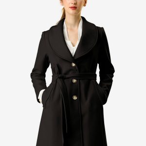 Shawl Collar Single Breasted Winter Long Belted Coat Black/L - Allegra K catalog