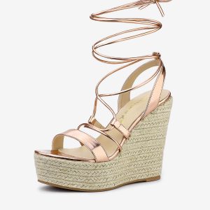Espadrilles Platform Wedges Heel Lace Up Sandals Rose Gold/7 - Allegra K catalog
