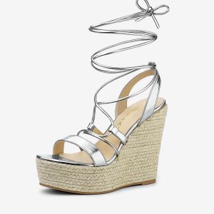 Espadrilles Platform Wedges Heel Lace Up Sandals Silver/8.5 - Allegra K catalog
