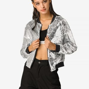 Sequin Sparkle Party Long Sleeve Zipper Bomber Jacket Silver/S - Allegra K catalog