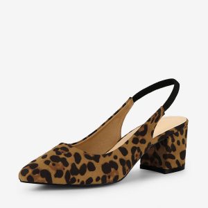 Faux Suede Pointed Toe Block Heel Slingback Pumps Leopard/8.5 - Allegra K catalog