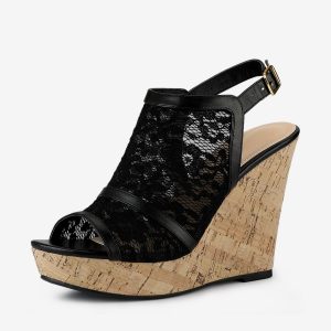 Open Toe Platform Heel Lace Wedge Slingback Sandals Black/9 - Allegra K catalog
