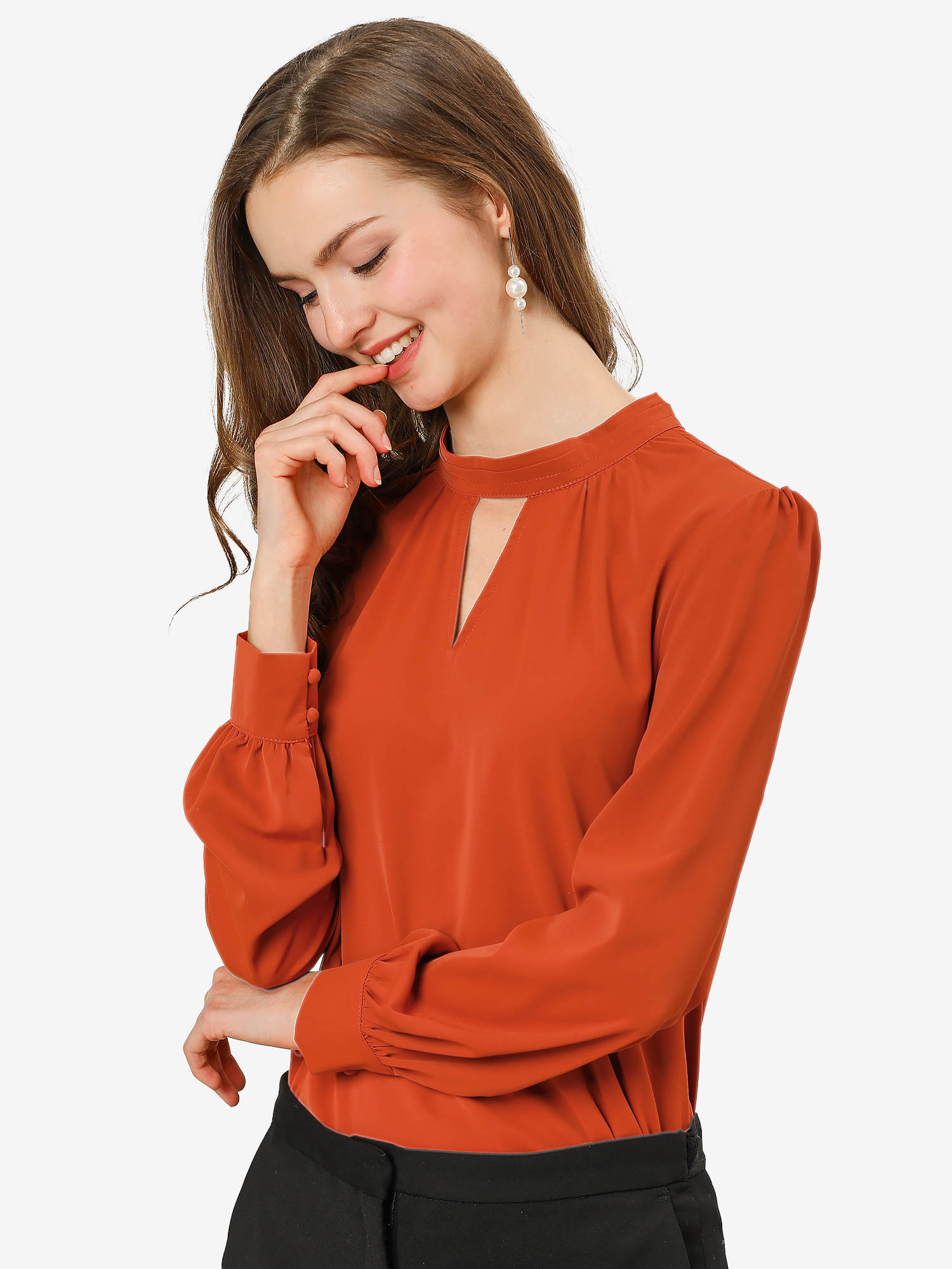 Keyhole Elegant Stand Collar Long Sleeve Chiffon Office Blouse Brown Red/XS - Allegra K catalog