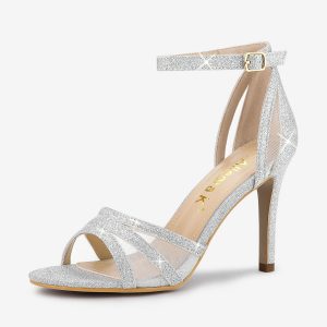 Glitter Ankle Strap Stiletto Heel Sandal Silver/7.5 - Allegra K catalog