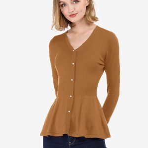V Neck Long Sleeve Ribbed Pullover Knitted Peplum Top Brown/M - Allegra K catalog