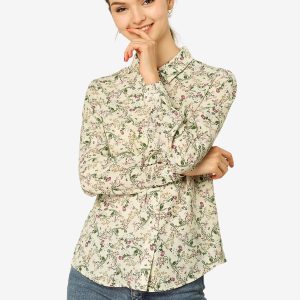Button Down Floral Shirt Blouse Long Sleeve Point Collar Top Beige/S - Allegra K catalog