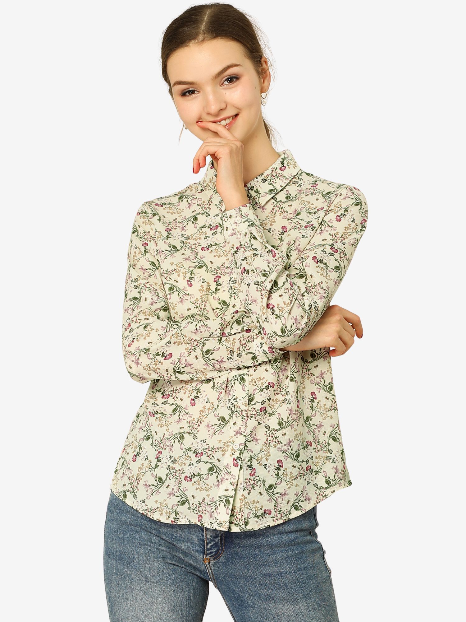 Button Down Floral Shirt Blouse Long Sleeve Point Collar Top Beige/L - Allegra K catalog