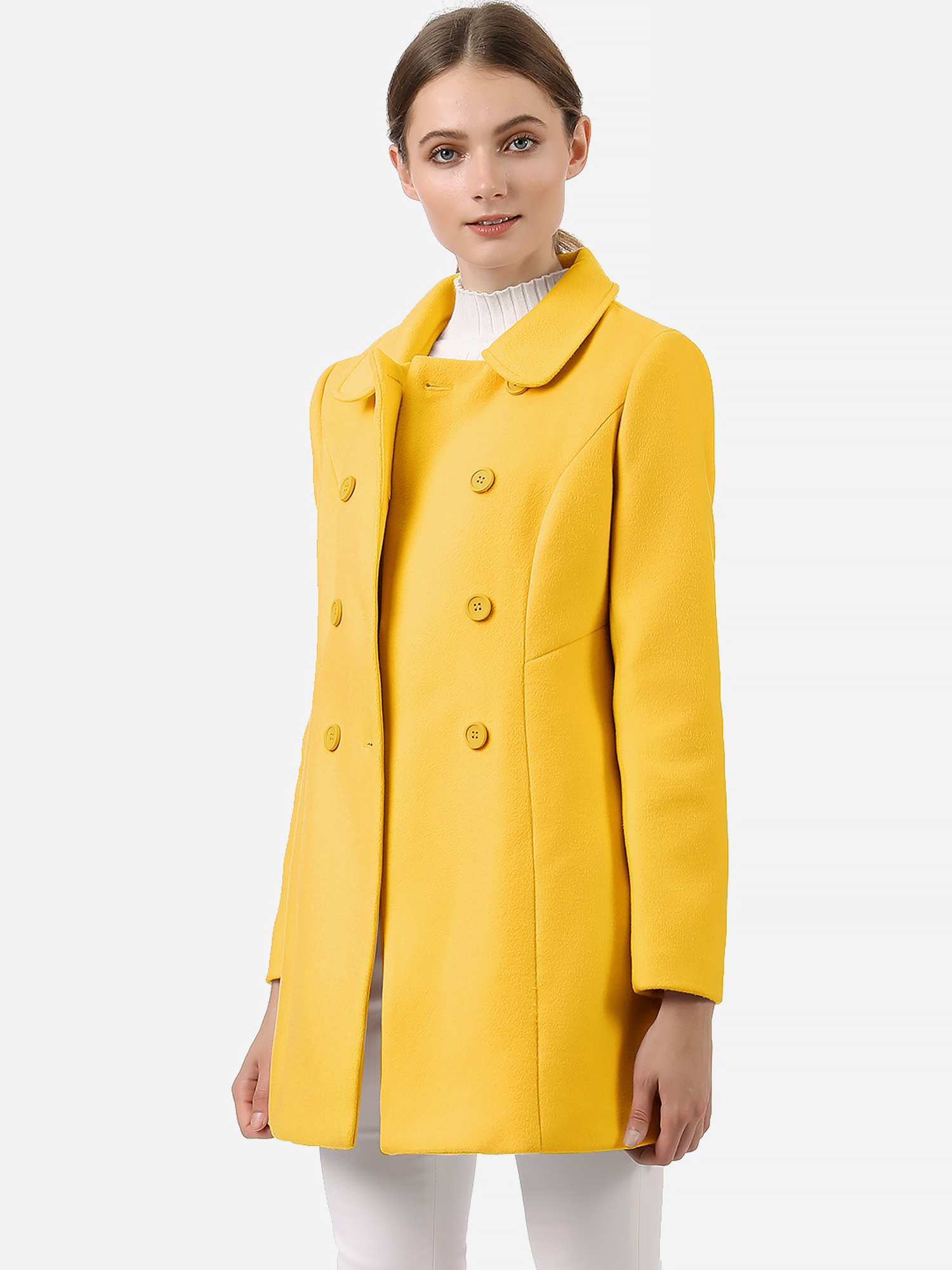 Peter Pan Collar Double Breasted Winter Long Trench Pea Coat Mustard Yellow/XS - Allegra K catalog