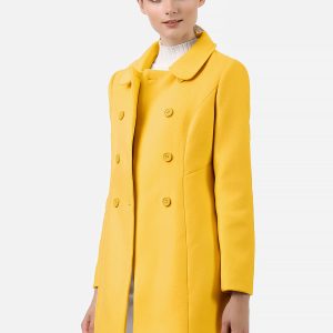 Peter Pan Collar Double Breasted Winter Long Trench Pea Coat Mustard Yellow/L - Allegra K catalog