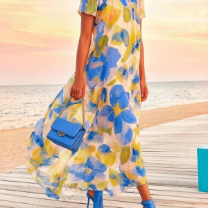 Vacation Floral Printing Mock Neck Maxi Dress, Maxi Dresses, color:Blue|size:XXL, Stylewe
