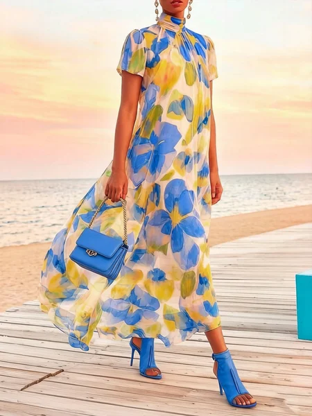 Vacation Floral Printing Mock Neck Maxi Dress, Maxi Dresses, color:Blue|size:XXL, Stylewe