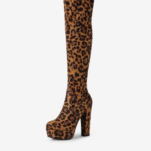 Faux Suede Platform Block Heel Over Knee High Boots Leopard/7.5 - Allegra K catalog