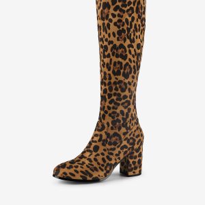 Side Zipper Faux Suede Chunky Heel Knee High Boots Leopard/8.5 - Allegra K catalog