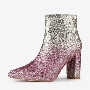 Glitter Pointed Toe Chunky Heel Zipper Ankle Boots Beige Pink/7 - Allegra K catalog
