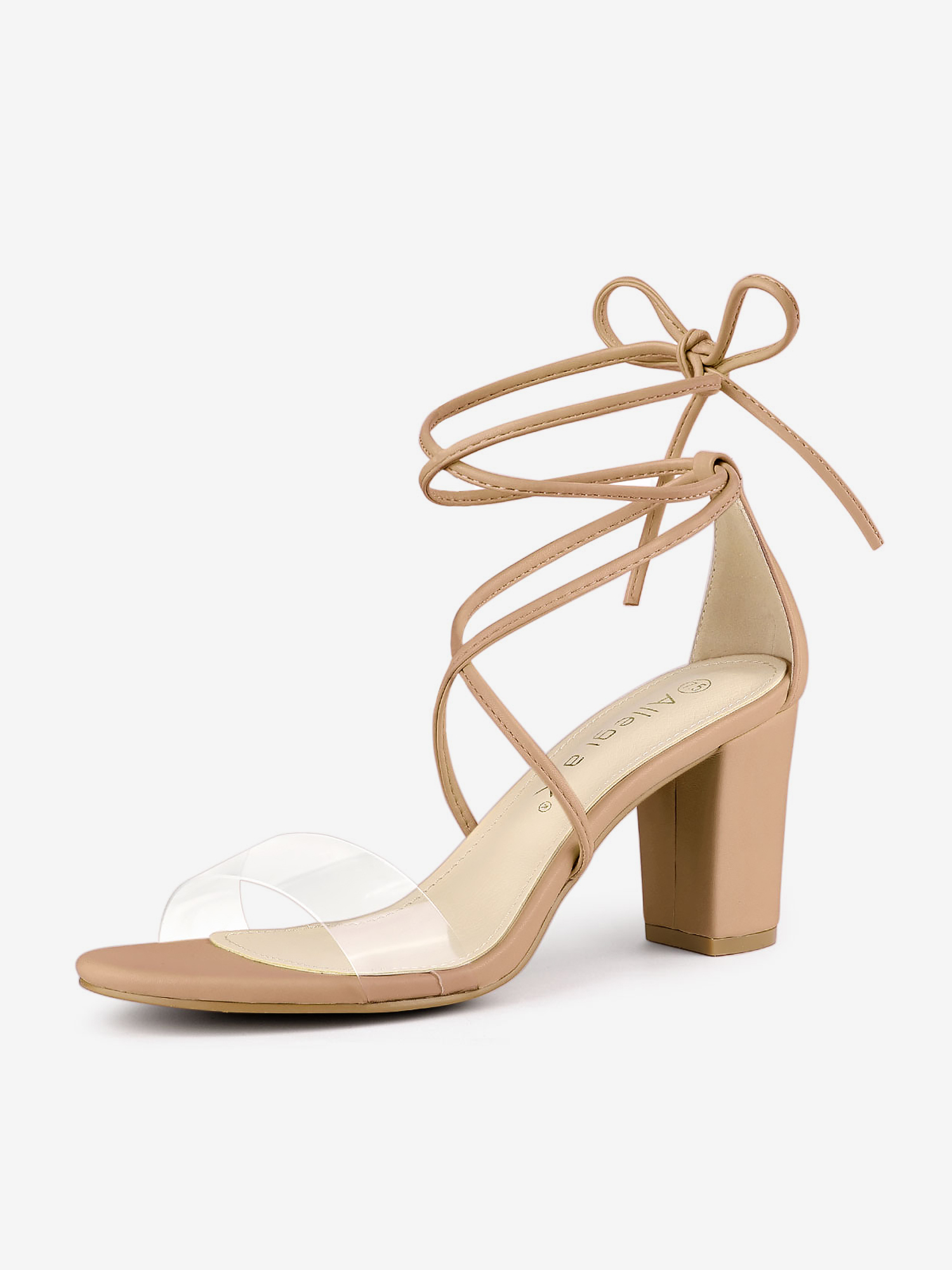 Open Toe Lace Up Clear Strap Block Heel Sandals Nude/8.5 - Allegra K catalog