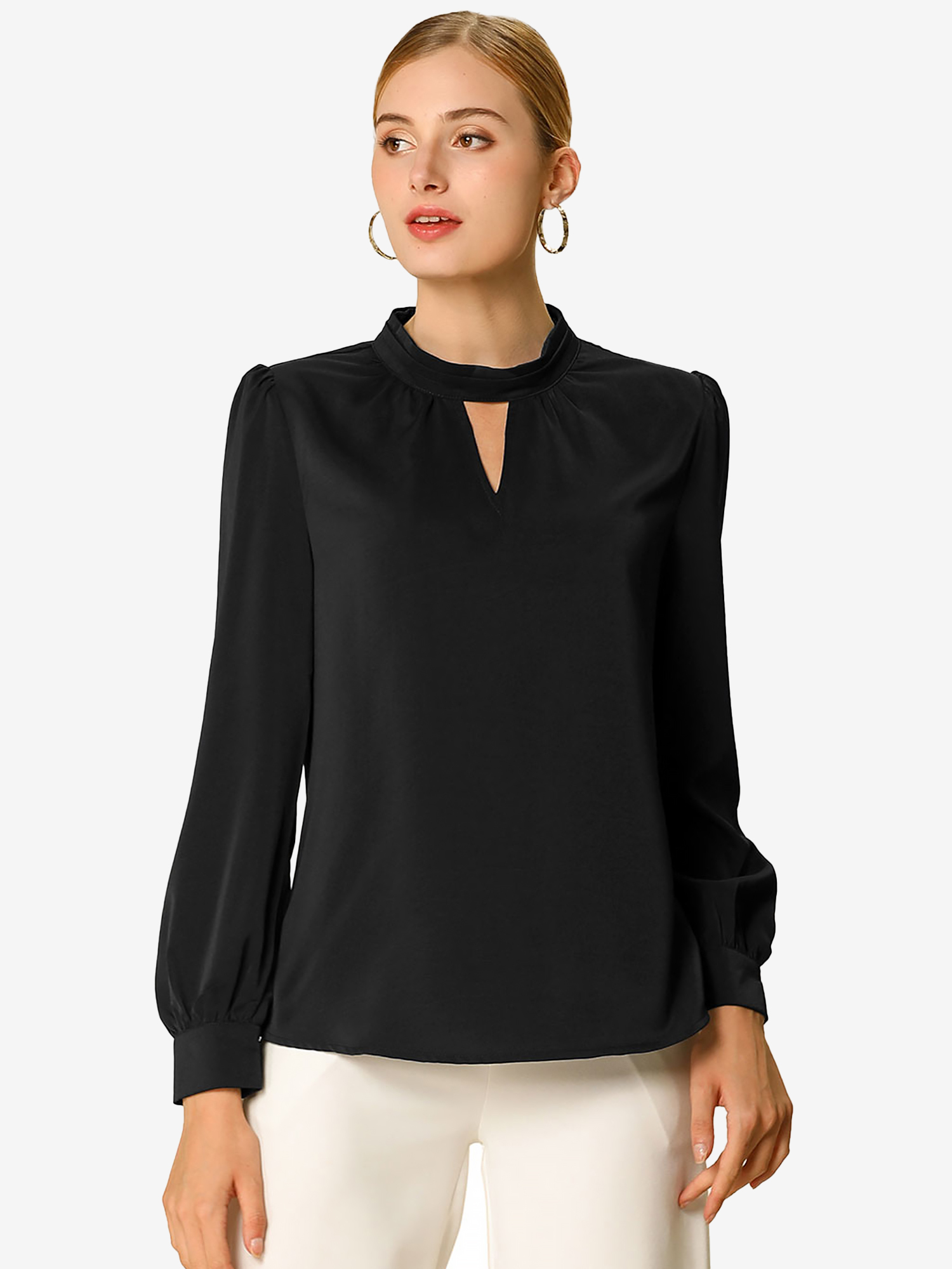 Keyhole Elegant Stand Collar Long Sleeve Chiffon Office Blouse Black/XS - Allegra K catalog