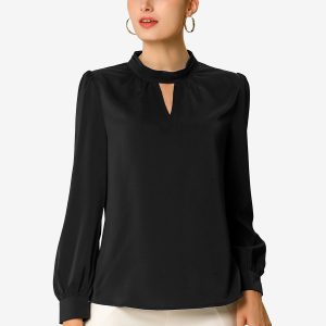 Keyhole Elegant Stand Collar Long Sleeve Chiffon Office Blouse Black/XL - Allegra K catalog