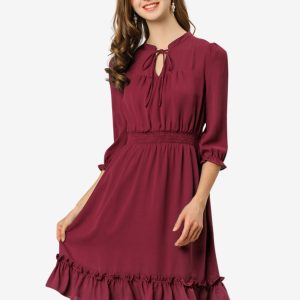 Ruffle Hem 3/4 Sleeve A-Line Smocked Midi Chiffon Dress Burgundy/XS - Allegra K catalog
