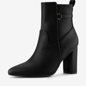 Belt Decor Zipper Pointed Toe Chunky High Heel Ankle Boots Black/5.5 - Allegra K catalog