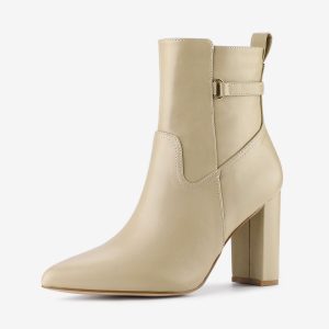Belt Decor Zipper Pointed Toe Chunky High Heel Ankle Boots Beige/10 - Allegra K catalog