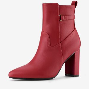 Belt Decor Zipper Pointed Toe Chunky High Heel Ankle Boots Red/9 - Allegra K catalog