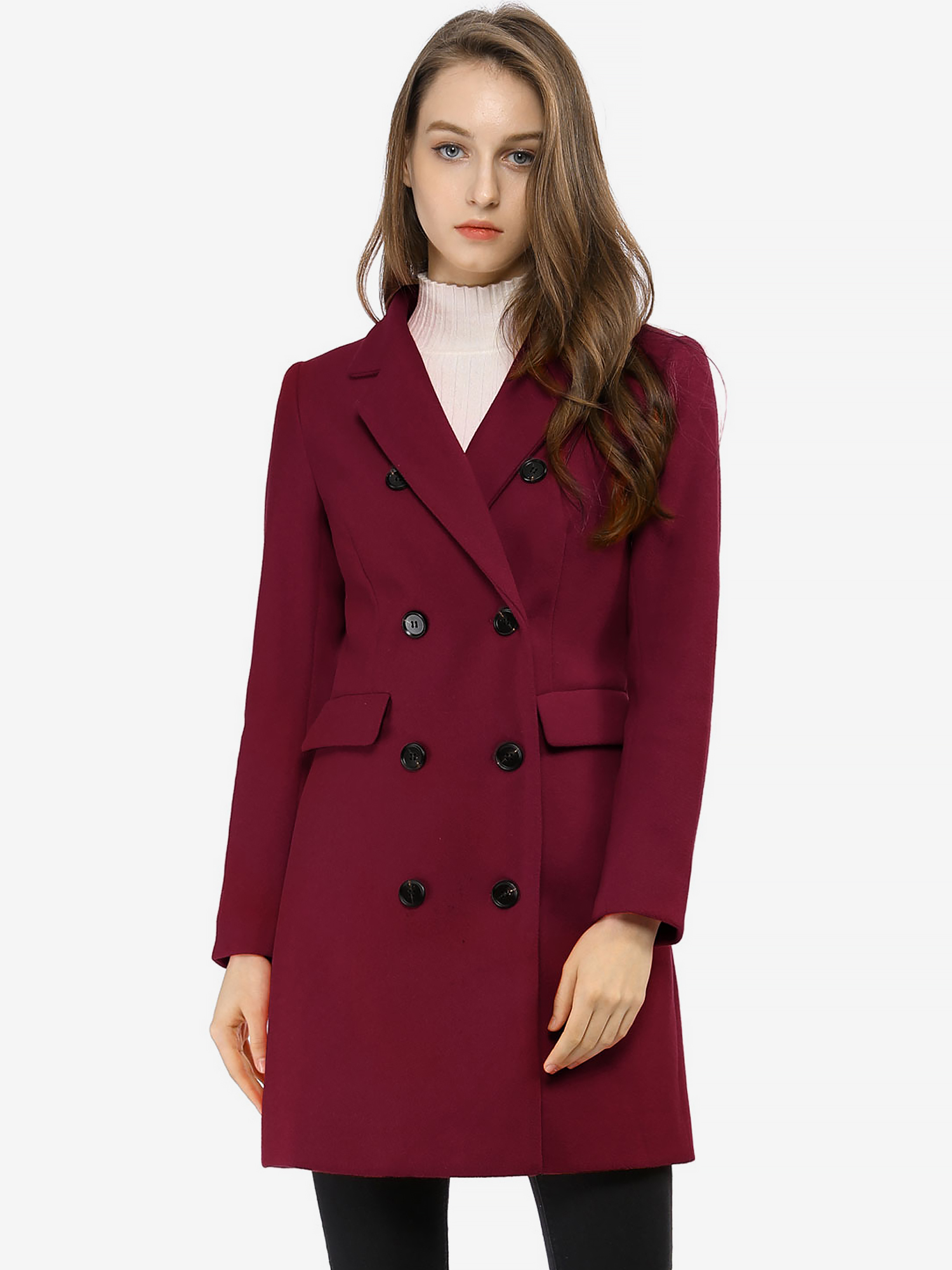 Winter Long Sleeve Notched Lapel Double Breasted Trench Coat Burgundy/L - Allegra K catalog