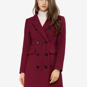 Winter Long Sleeve Notched Lapel Double Breasted Trench Coat Burgundy/XL - Allegra K catalog