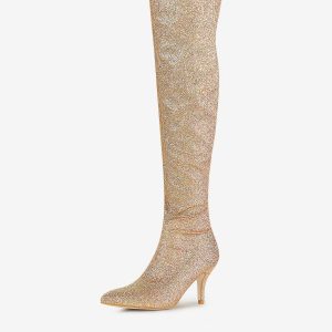 Glitter Pointed Toe Stiletto Heel Over the Knee High Boots Gold/6 - Allegra K catalog
