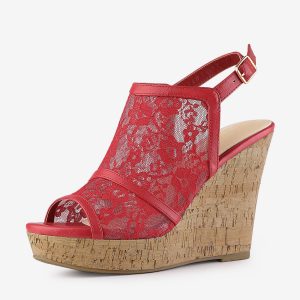 Open Toe Platform Heel Lace Wedge Slingback Sandals Red/9 - Allegra K catalog