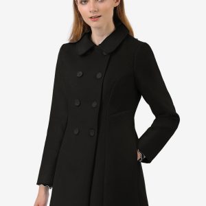 Peter Pan Collar Double Breasted Long Trench Pea Coat Black/XS - Allegra K catalog