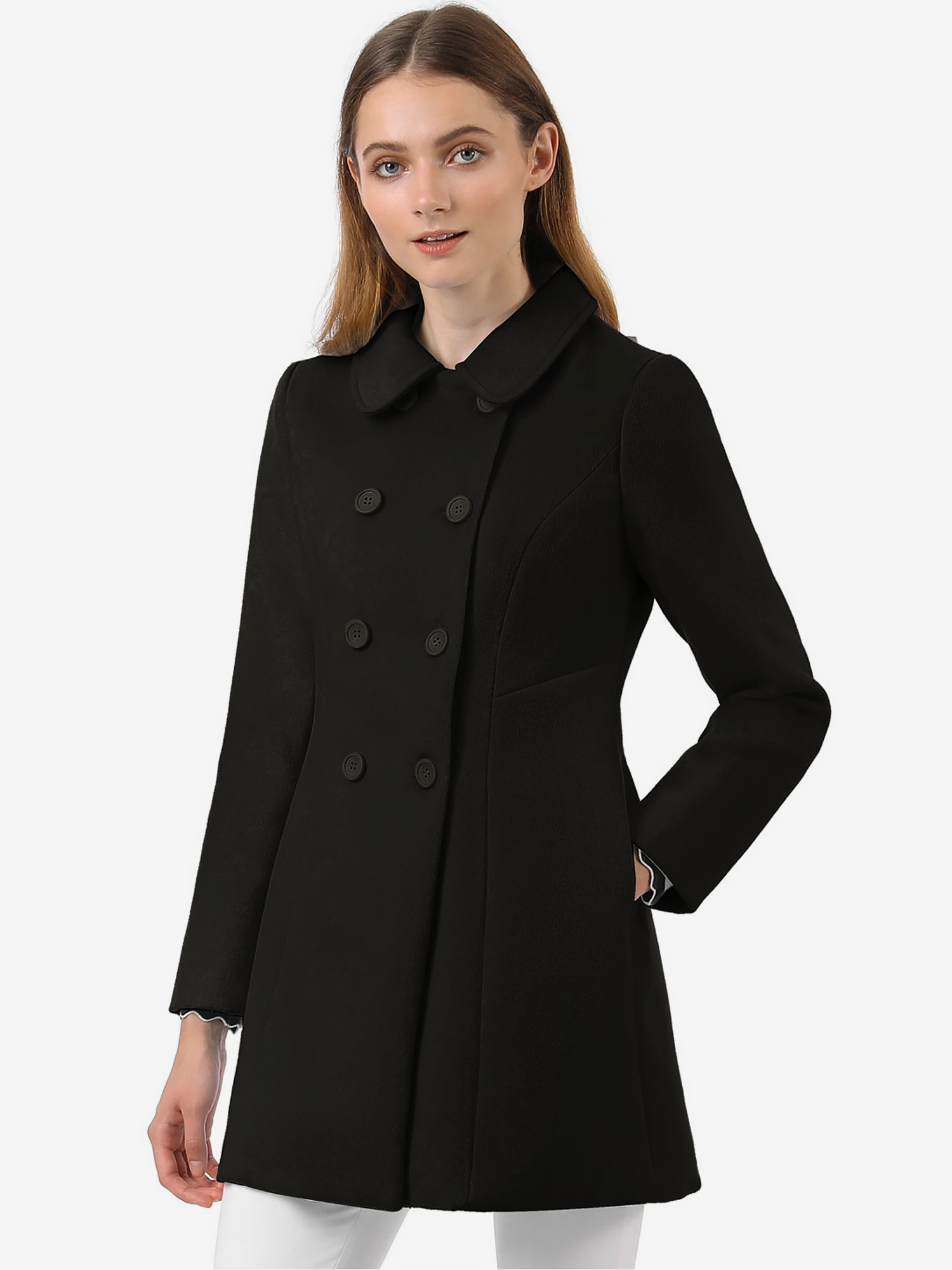 Peter Pan Collar Double Breasted Long Trench Pea Coat Black/S - Allegra K catalog
