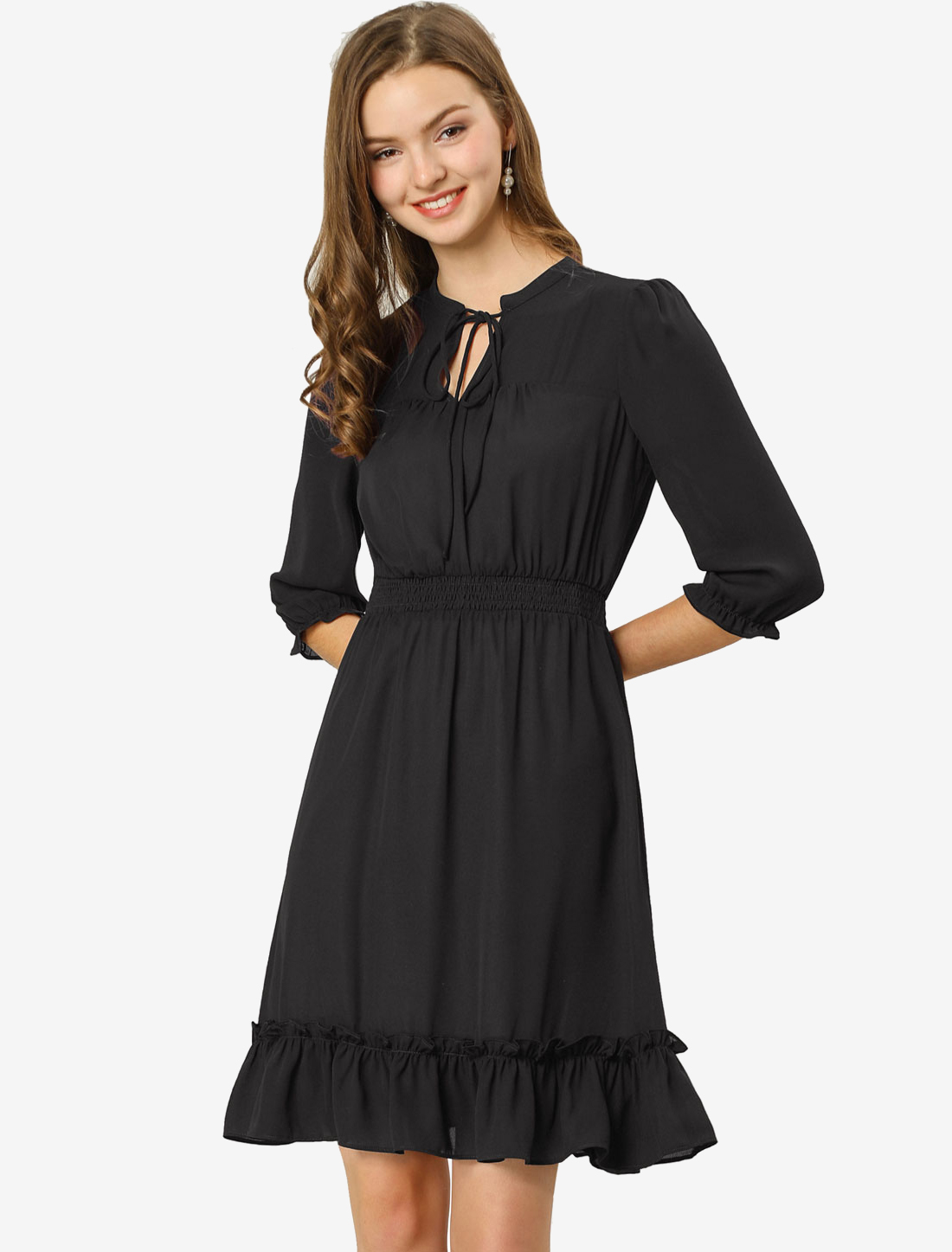 Ruffle Hem 3/4 Sleeve A-Line Smocked Midi Chiffon Dress Black/M - Allegra K catalog