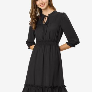 Ruffle Hem 3/4 Sleeve A-Line Smocked Midi Chiffon Dress Black/L - Allegra K catalog
