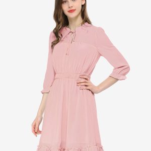 Ruffle Hem 3/4 Sleeve A-Line Smocked Short Chiffon Dress Pink/M - Allegra K catalog