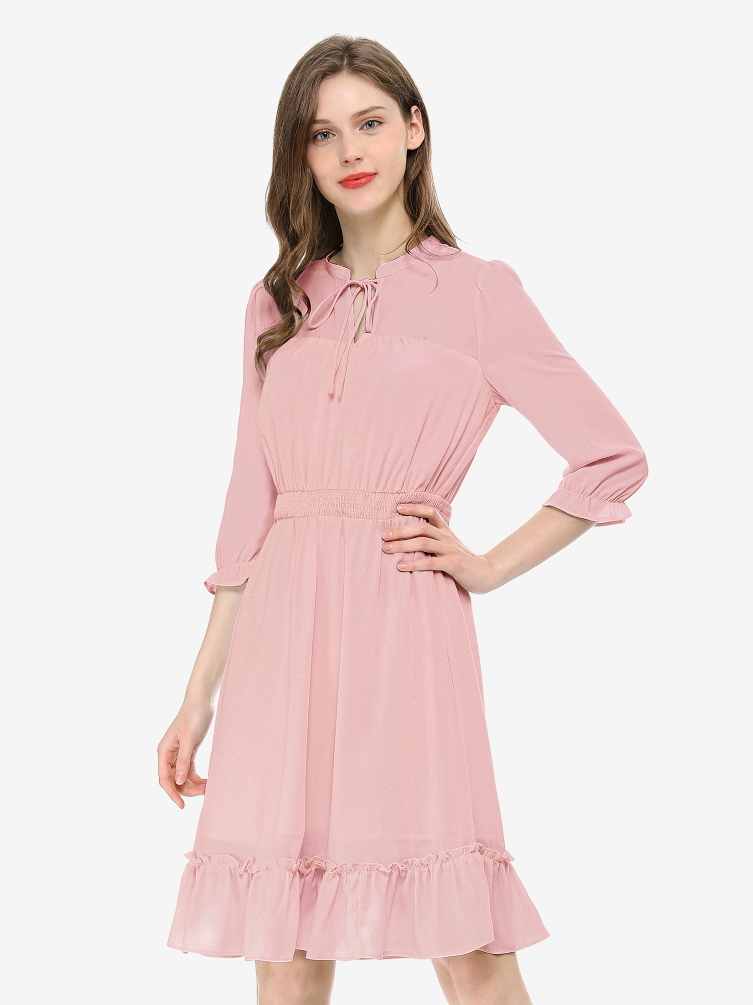 Ruffle Hem 3/4 Sleeve A-Line Smocked Short Chiffon Dress Pink/XL - Allegra K catalog