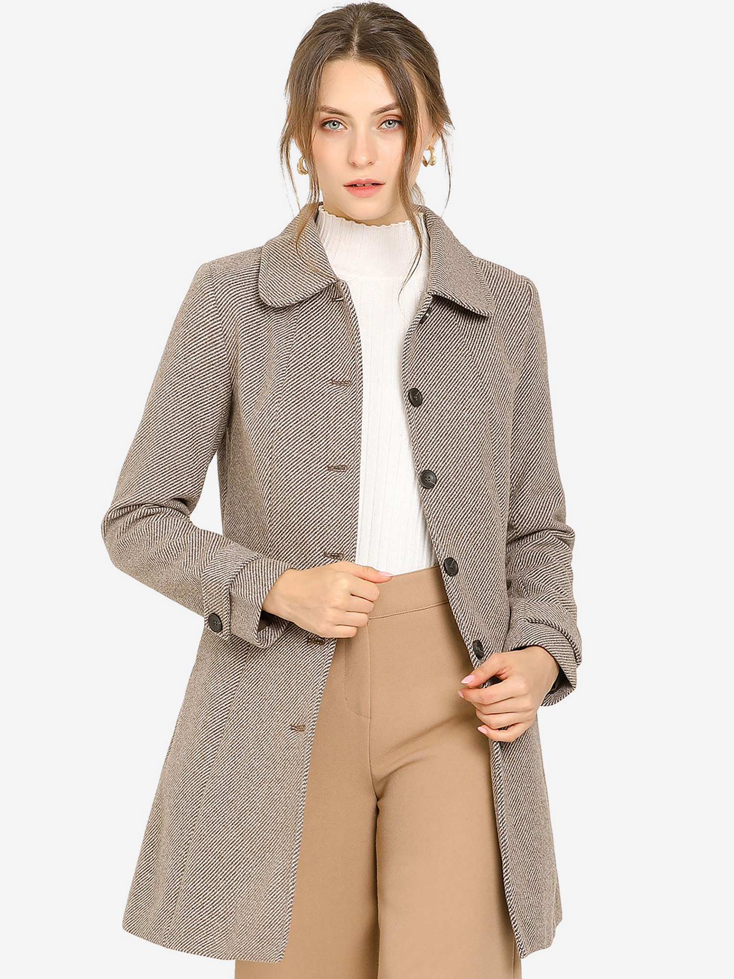 Peter Pan Collar Single Breasted Overcoat Winter Pea Coat Brown/XS - Allegra K catalog