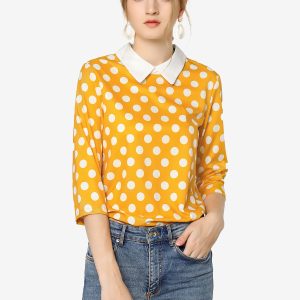 Polka Dots Contrast Peter Pan Collar Top 3/4 Sleeve Blouse Shirt Yellow/XL - Allegra K catalog