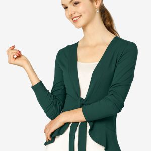 Women's Tie Front Knit Ruffled Long Sleeve Open Cardigan Green/S - Allegra K catalog