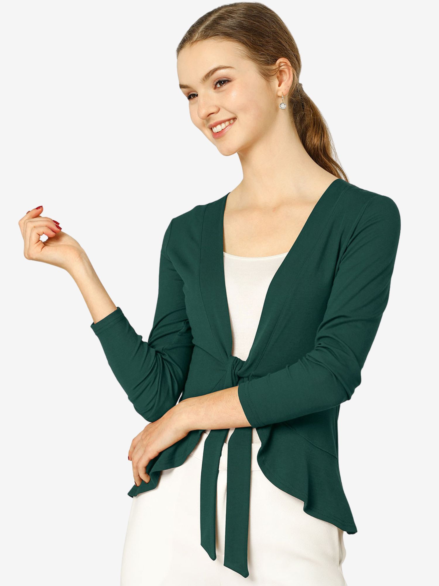 Women's Tie Front Knit Ruffled Long Sleeve Open Cardigan Green/L - Allegra K catalog
