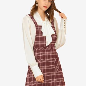 Plaid Tartan Button Decor A-Line Pinafore Overall Dress Burgundy/M - Allegra K catalog
