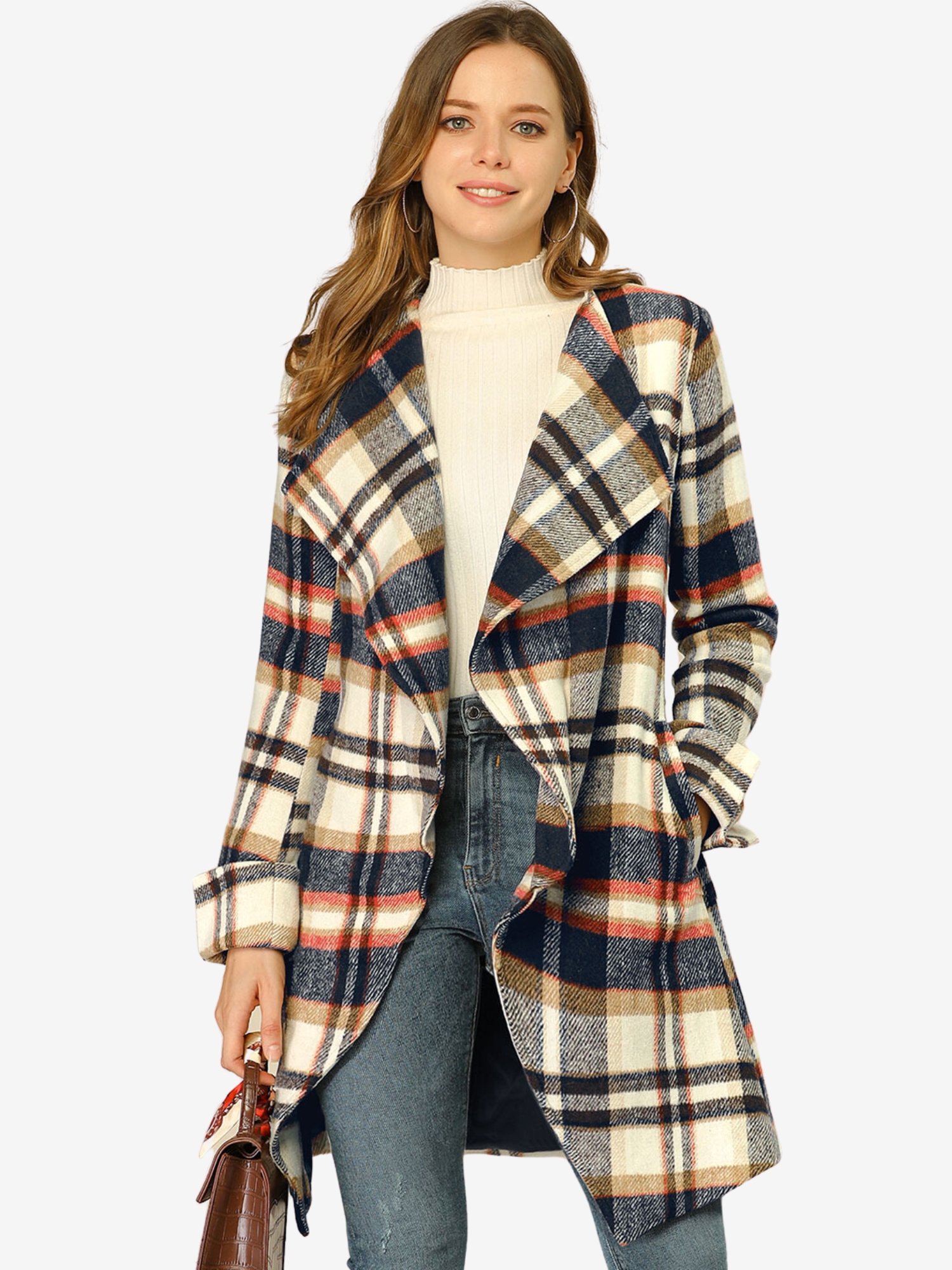 Belted Wrap Outerwear Shawl Collar Asymmetric Hem Plaid Coat Brown Blue/M - Allegra K catalog
