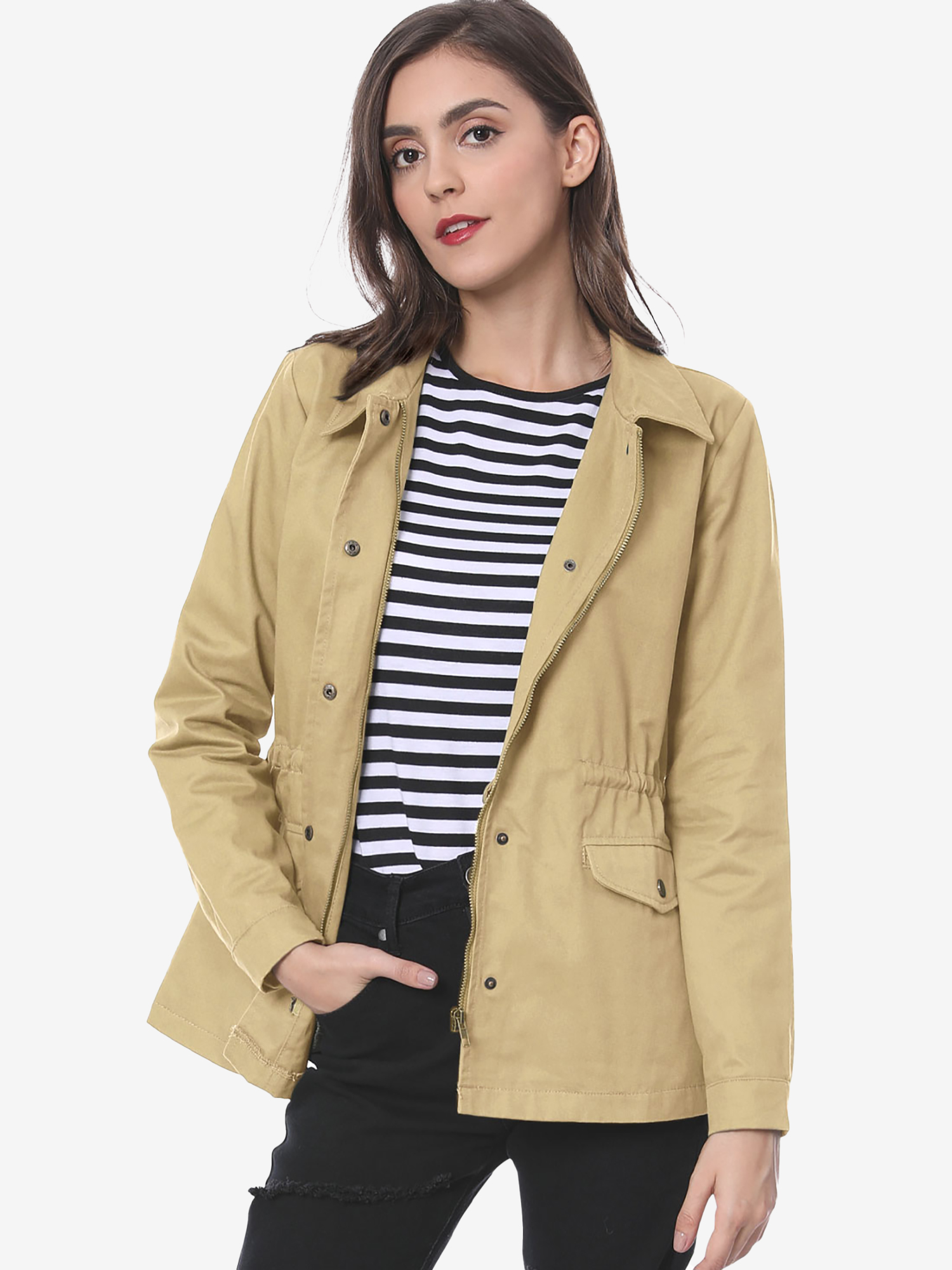 Drawstring Waist Flap Pocket Lightweight Utility Safari Jacket Camel/S - Allegra K catalog