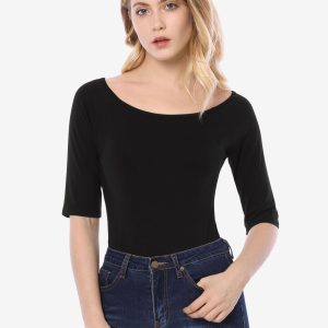 Scoop Neck Half Sleeves Fitted Layering Soft T-Shirt Black/3XL - Allegra K catalog