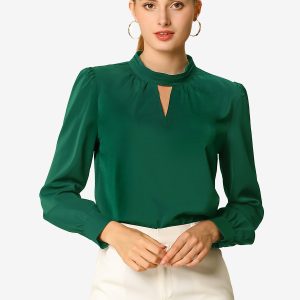 Keyhole Elegant Stand Collar Long Sleeve Chiffon Office Blouse Green/M - Allegra K catalog