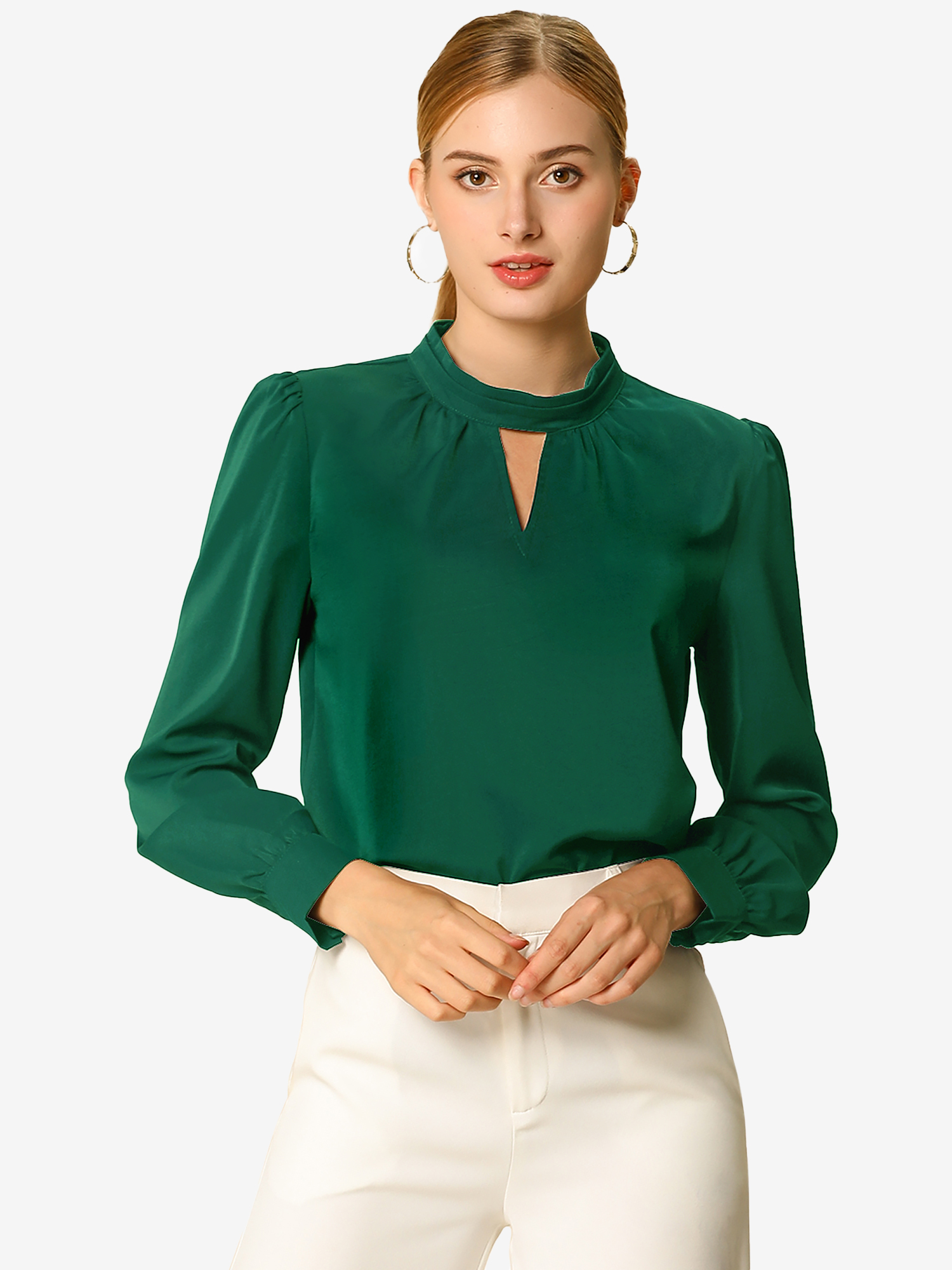 Keyhole Elegant Stand Collar Long Sleeve Chiffon Office Blouse Green/XL - Allegra K catalog