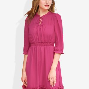 Ruffle Hem 3/4 Sleeve A-Line Smocked Midi Chiffon Dress Fuchsia/L - Allegra K catalog