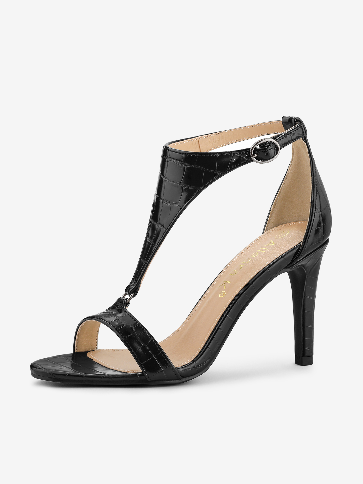 T-Strap Croc Embossed Stiletto Heel Buckle Closure Sandals Black/7.5 - Allegra K catalog