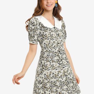 Peter Pan Collar Flowy Short Sleeve Ruffle Summer Floral Shirt Dress Black/XS - Allegra K catalog